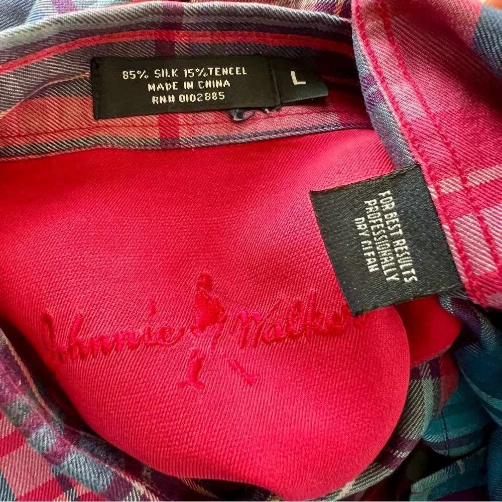 Johnnie Walker Plaid Button Down Long Sleeve Dress Shirt Men Silk Tencel L - Picture 5 of 6